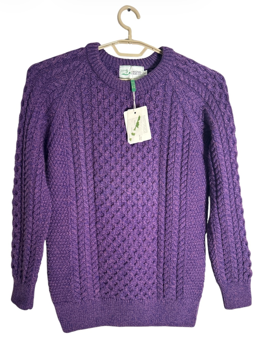 Original Aran Co Purple Cable Knit Merino Wool Sweater Size L